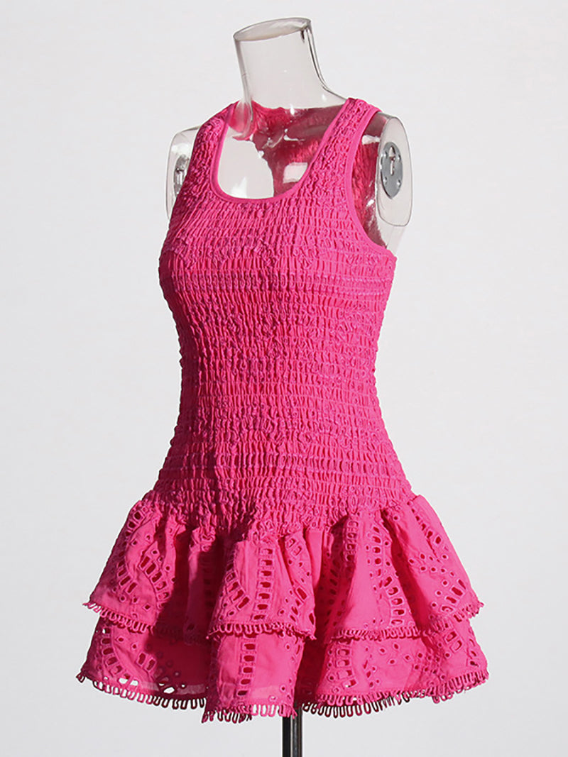Fashion Sleeveless Embroider Ruffle Mini Dress