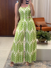 Casual Print Strap Vest Straight Pants Two Piece Set