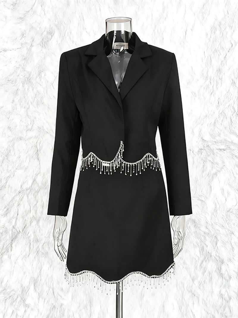 Fashion Cropped Fringe Blazer And Skirt Set