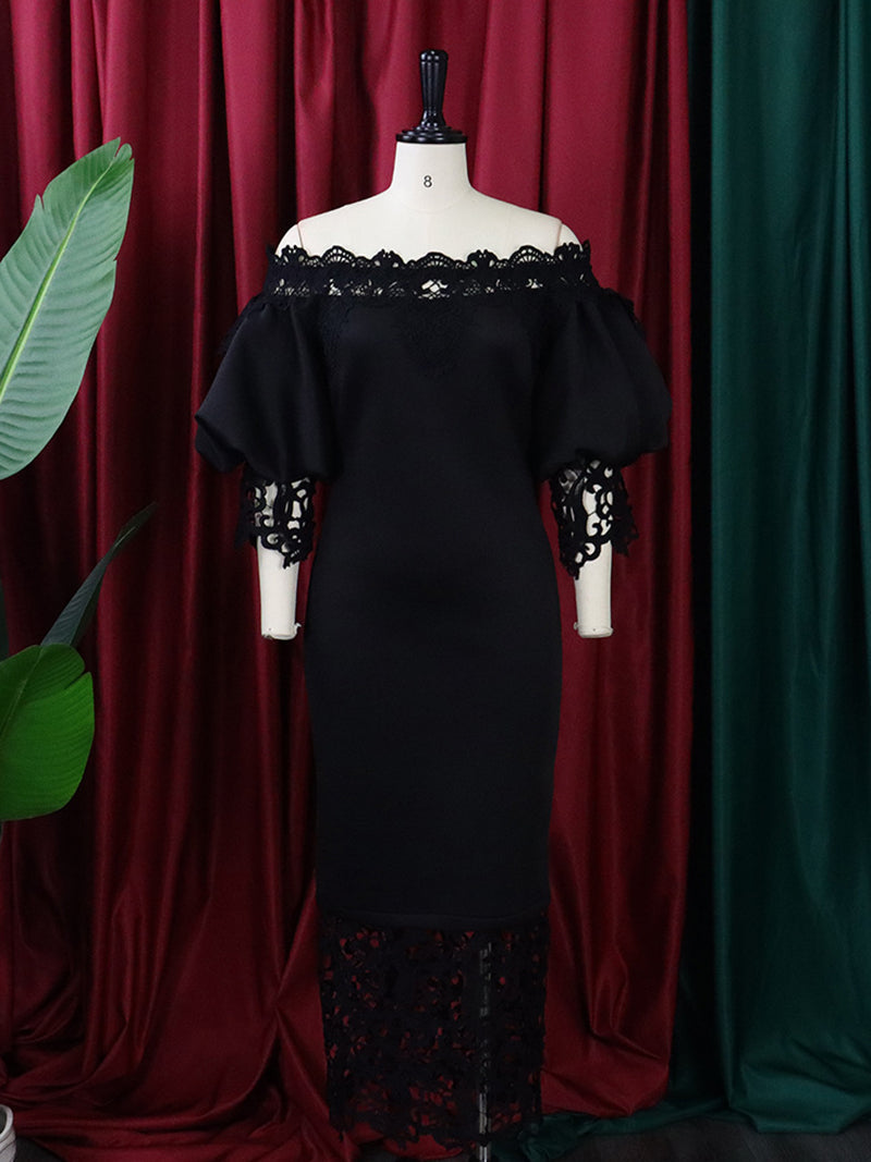 Elegant Off Shoulder Puff Sleeve Patchwork Lace Dress