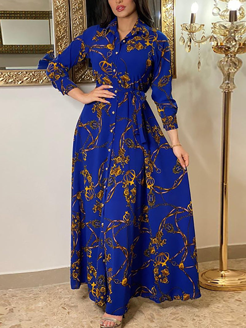 Casual Loose Long Sleeve Print Maxi Dress