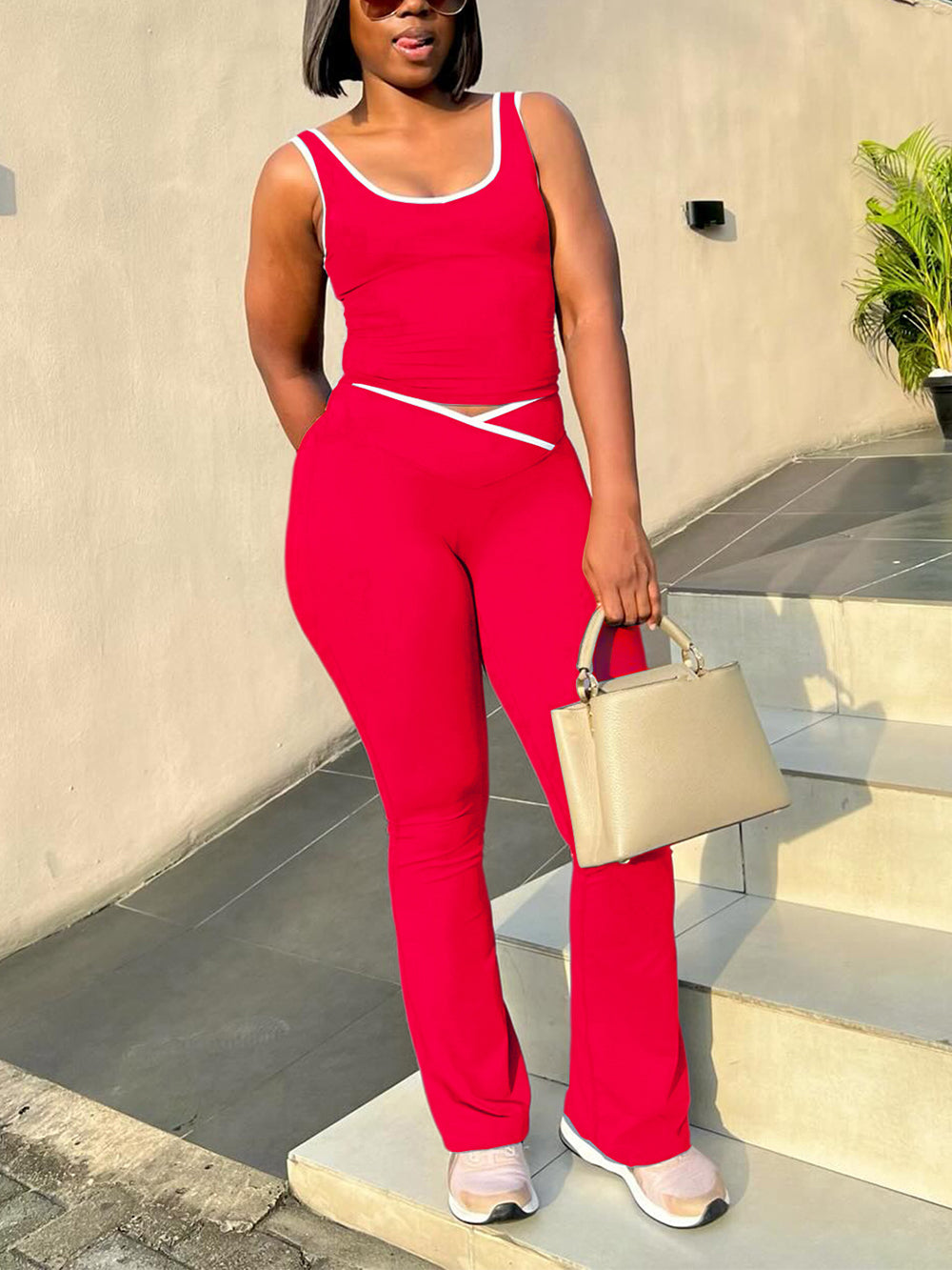 Contrast Color Vest Flared Shorts Sports Yoga Sets