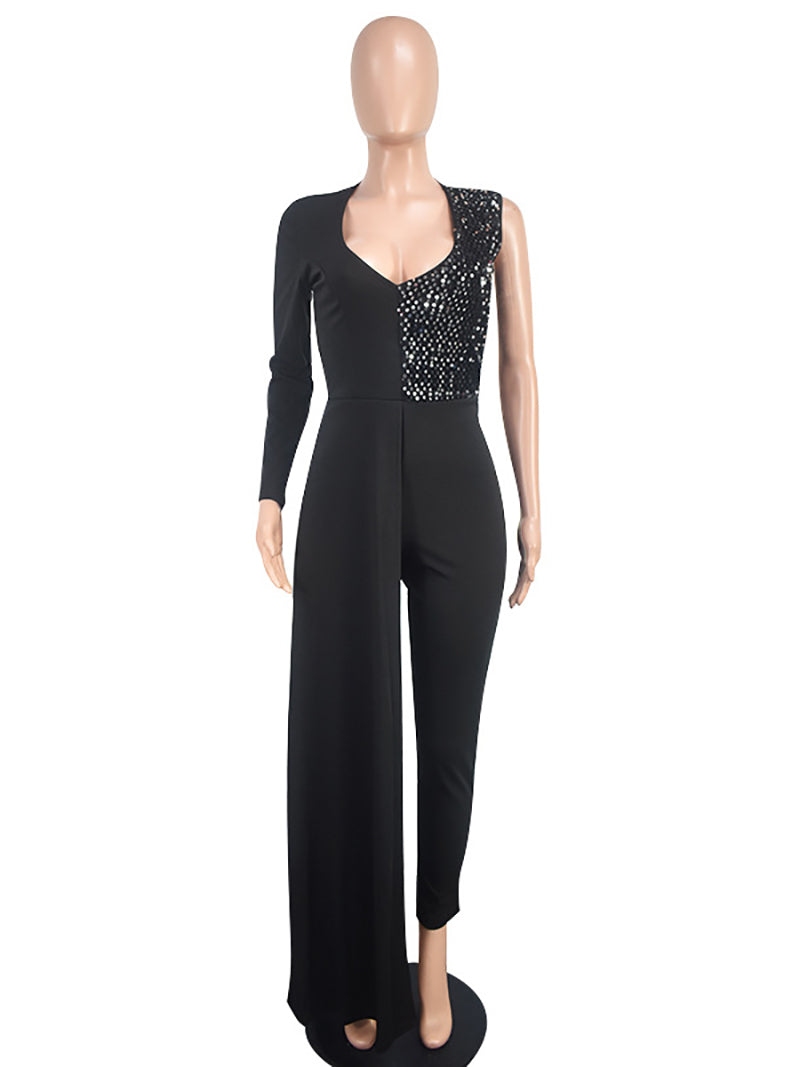 Sexy V-neck Sequin Splicing Slim Party Jumpsuit