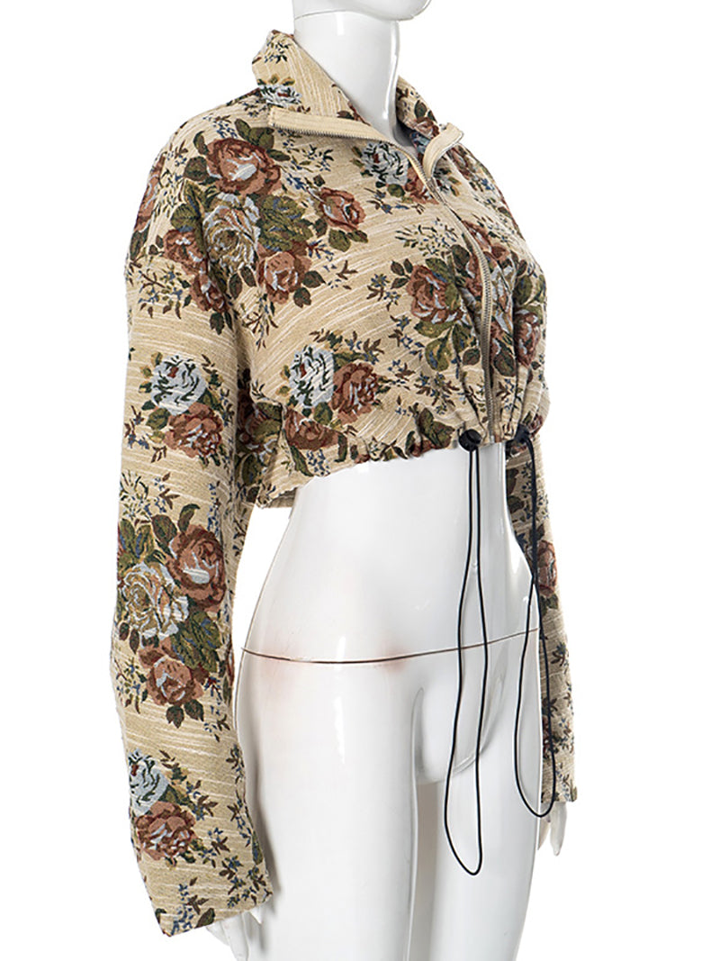 Fashion Floral Print Drawstring Cropped Jacket