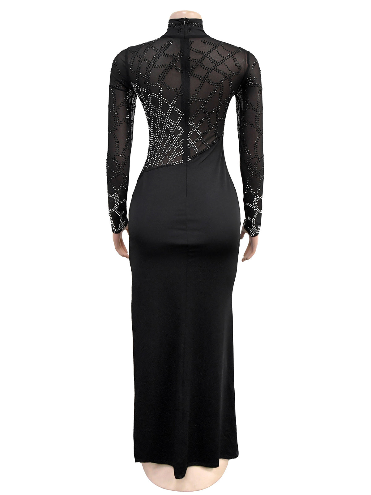 Sexy Rhinestones Split Hem Sheer Maxi Dress