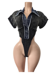Retro Denim Lapel Bodysuit Skirt Sets