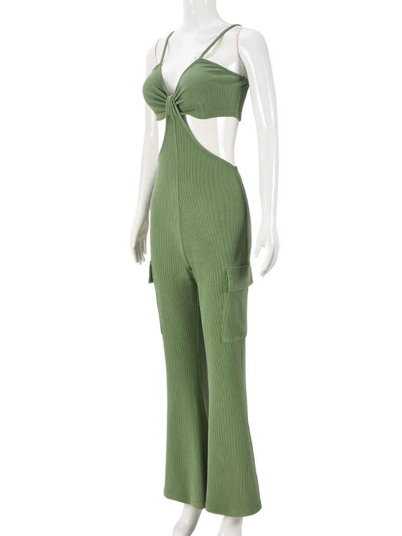 Ribbed Hollow-out V Neck Backless Jumpsuit