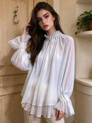 Balloon Sleeve Stand Collar Blouse-boutique