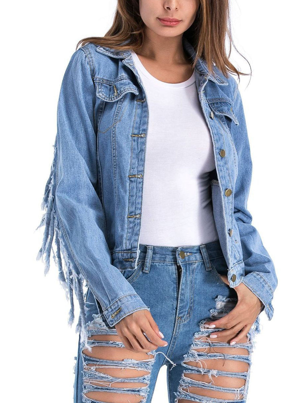 Raw Edge with Fringe Detail Denim Jacket