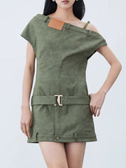 Patchwork One-shoulder Fitted Denim Short Sleeve Dress