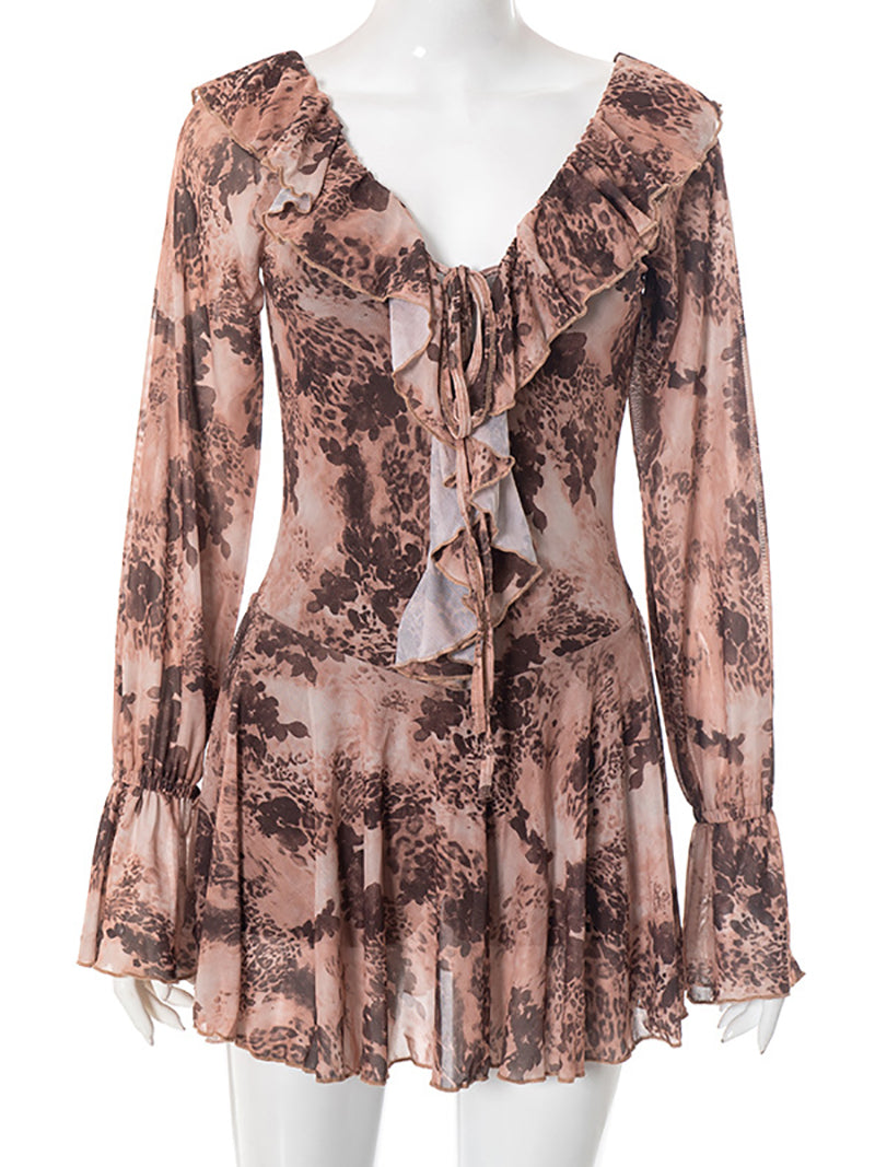Sexy Leopard Print Ruffle Lace-up Mini Dress