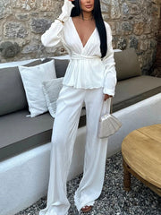 V-Neck Long Sleeve Pleated Top Loose Pants Set