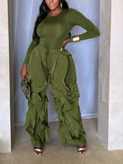 Fitted Top and Ruffle Trim Wide Leg Pants Set