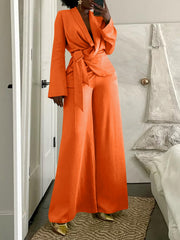 Belted Blazer and Wide Leg Pants Set