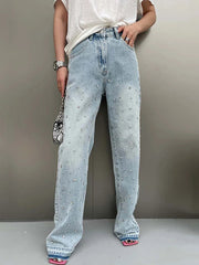 Nail Bead Decorate Straight Jeans