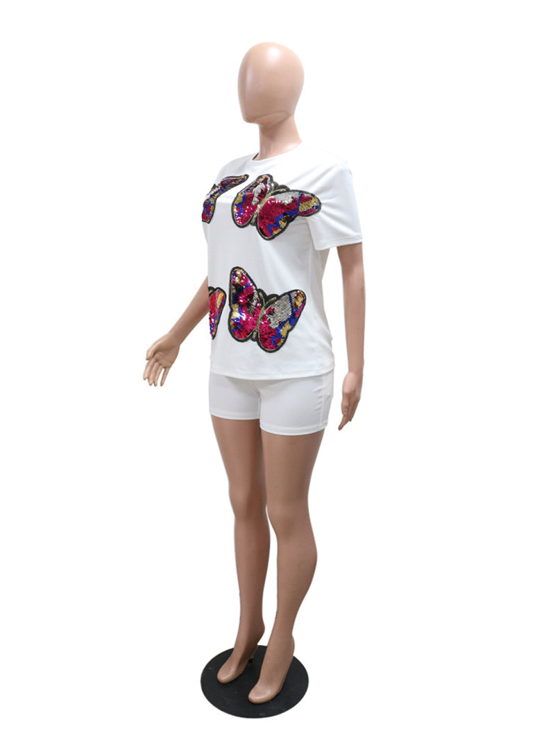 Round Neck Sequin Butterfly T-shirt Shorts Casual Set