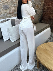 V-Neck Long Sleeve Pleated Top Loose Pants Set