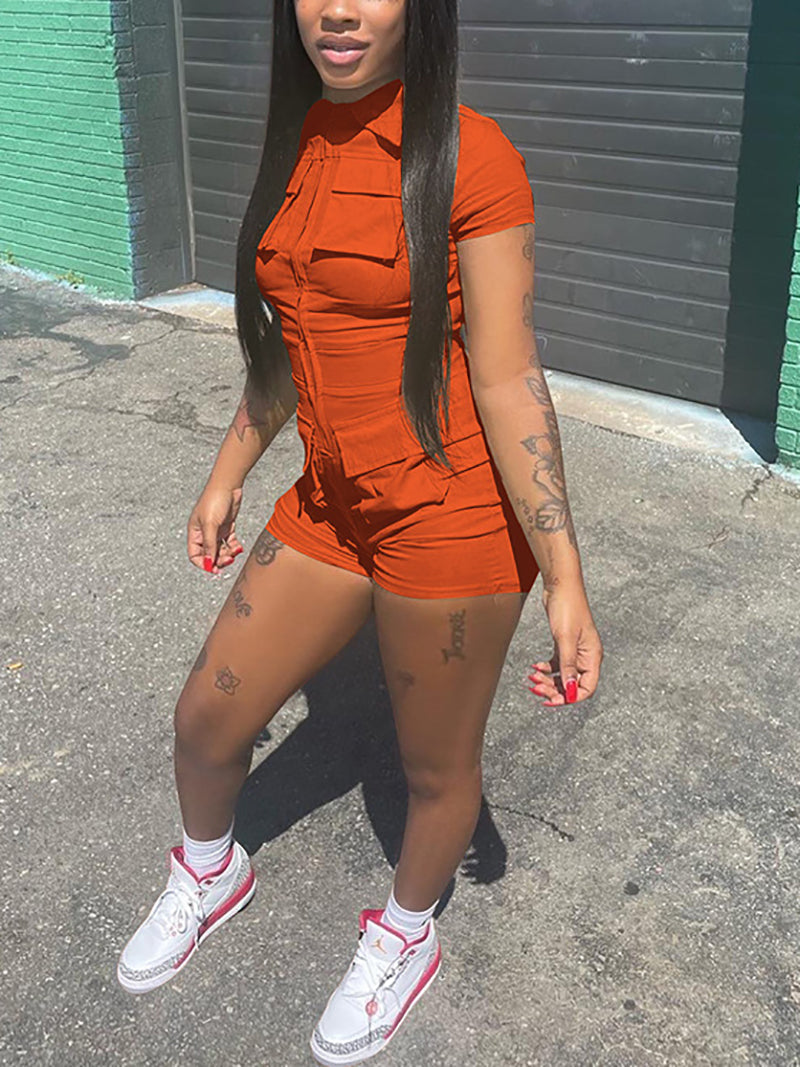 Casual Zipper Multi Pocket  Cargo Romper