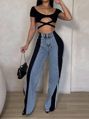 Newest Patchwork Stripe Elastic High Waist Jeans