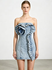 Floral Ruffle Denim Mini Dress