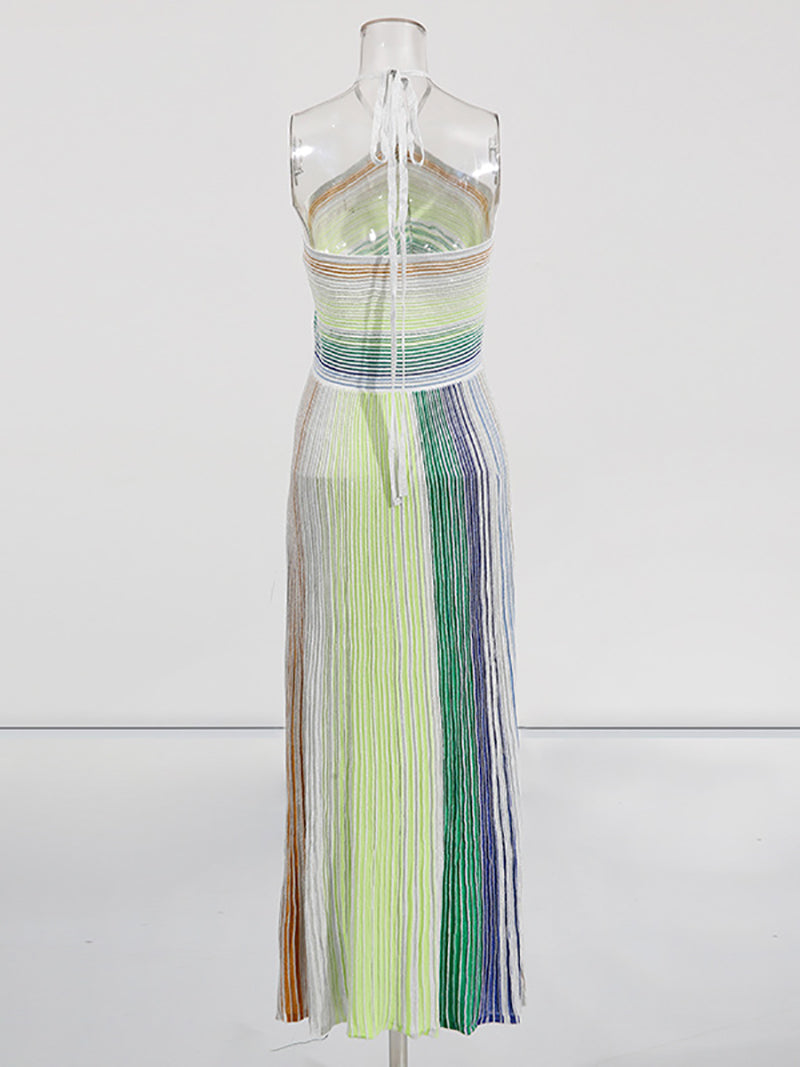 Fashion Sexy Metallic Knit Halterneck Maxi Dress