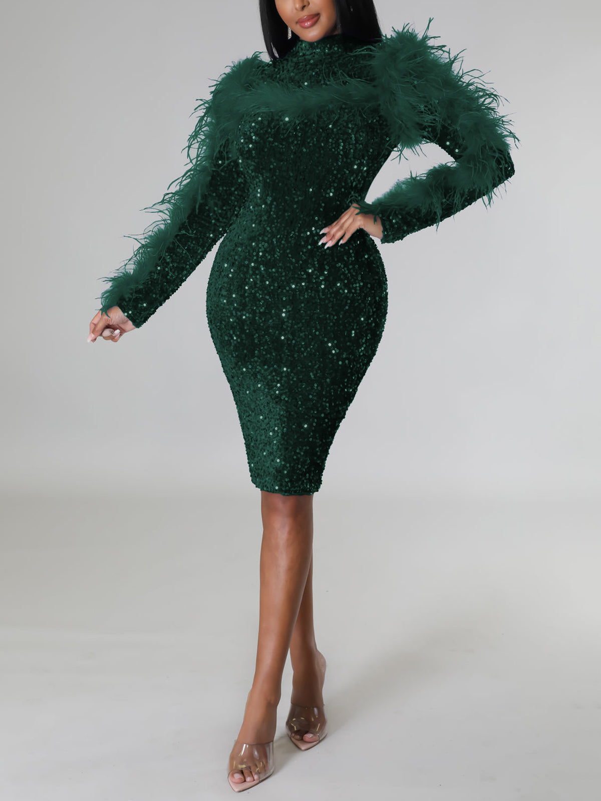 Sequin Feather Splicing Long Sleeve Backless Midi Dress