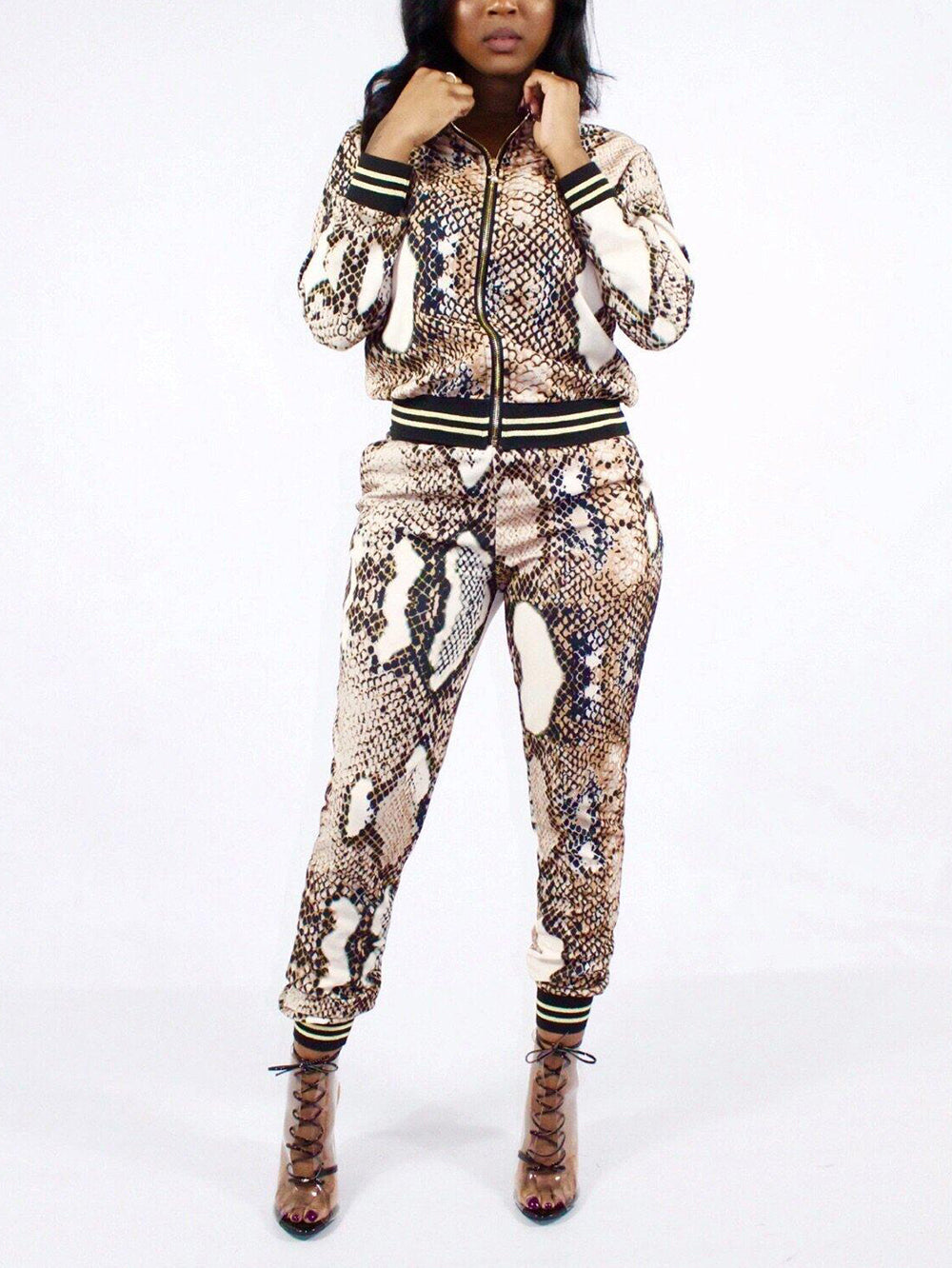 Fashion Snake Print Long Sleeve Pants Suit