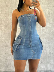 Sexy Strapless Washed Button Stretch Denim Dress