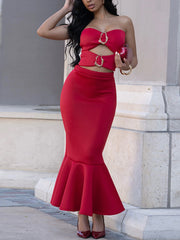 Elegant Strapless Crop Top And Fishtail Skirt Sets