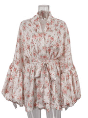 Casual V-Neck Print Bubble Sleeve Mini Dress