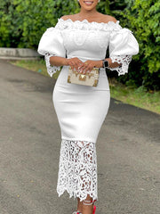 Elegant Off Shoulder Puff Sleeve Patchwork Lace Dress