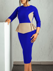 Fashion Contrast Color Round Neck Bodycon Midi Dress