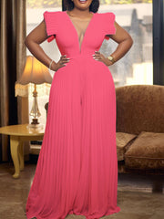 Elegant V Neck Plain Mesh Pleated Jumpsuit