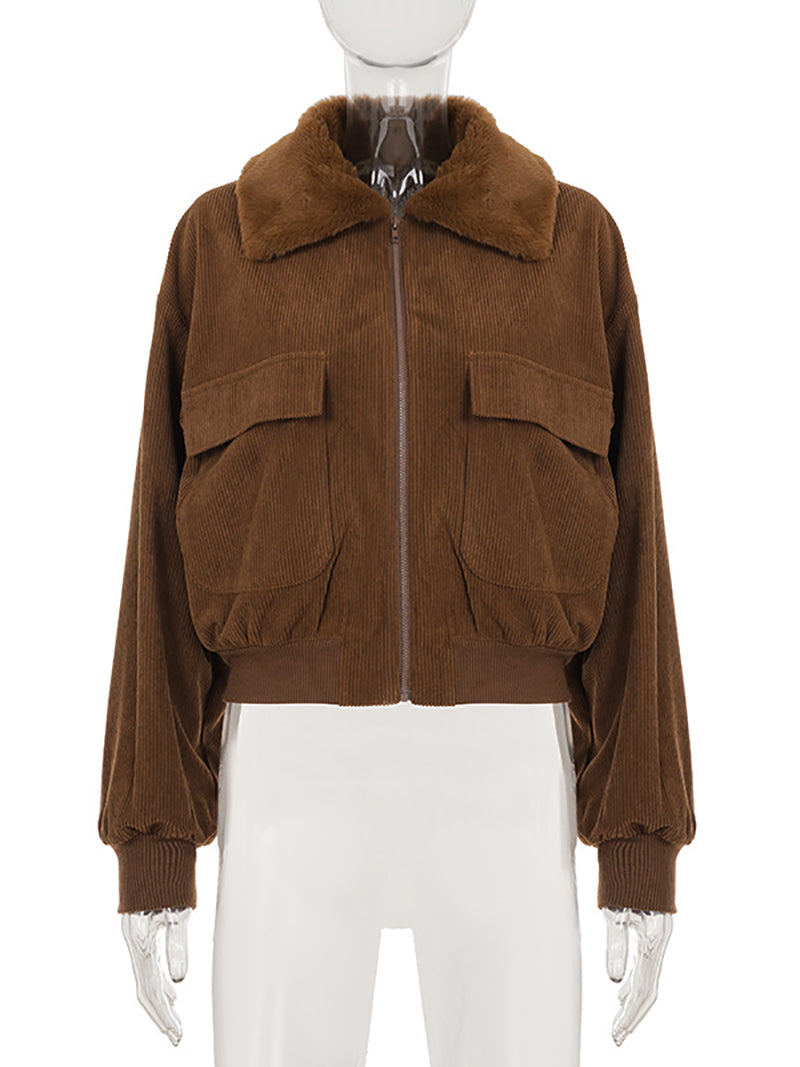 Casual Zip Up Corduroy Bomber Jacket Coat