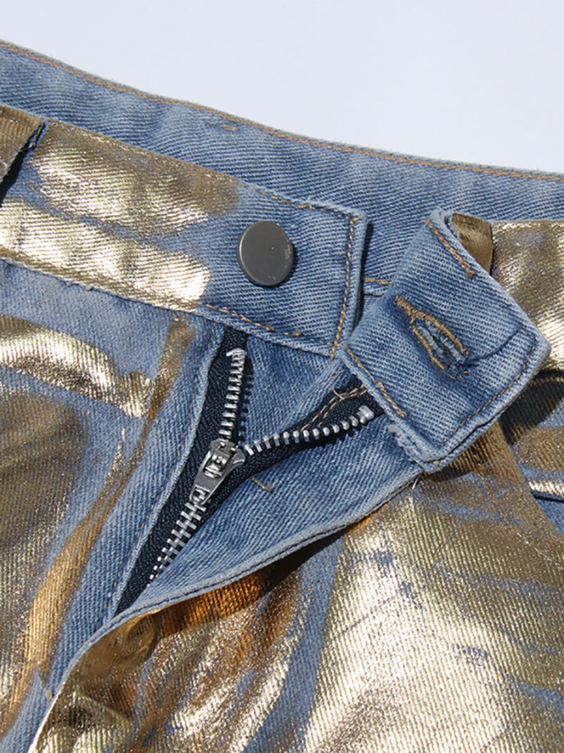 Fashionable Gold Print Multi-pocket Jeans