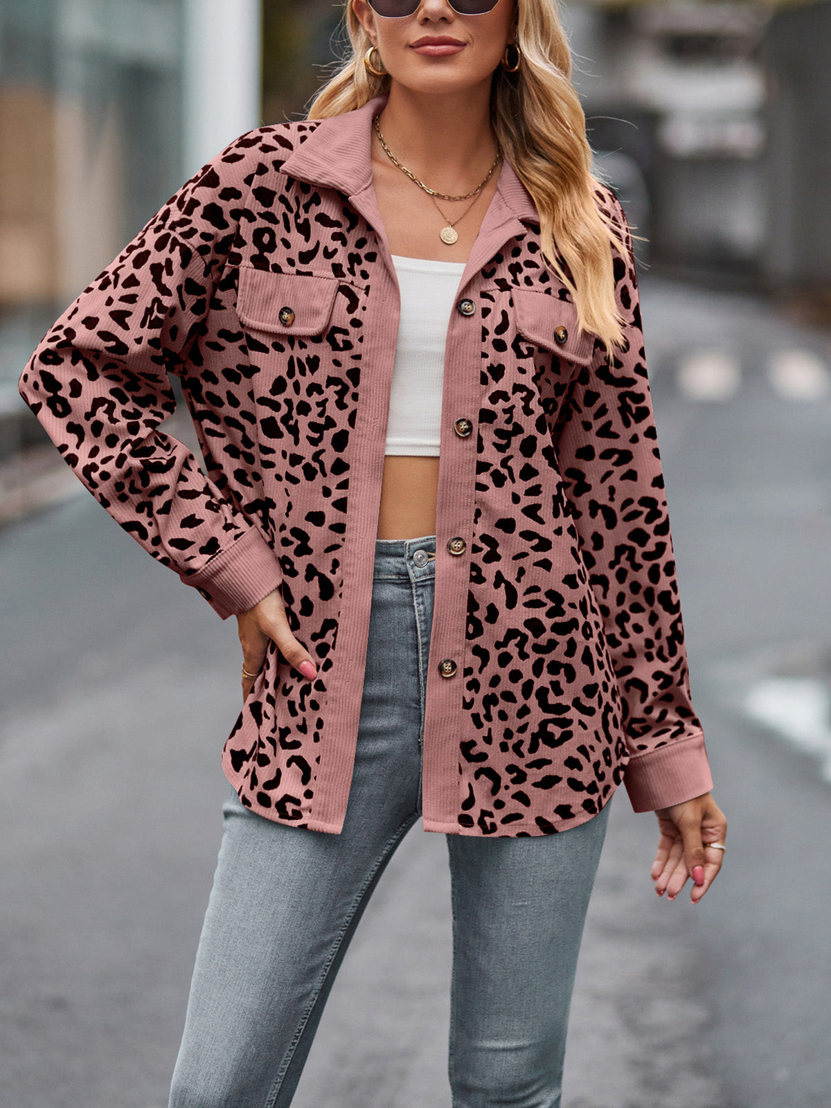 Fashion Leopard Print Button Down Shacket Jacket
