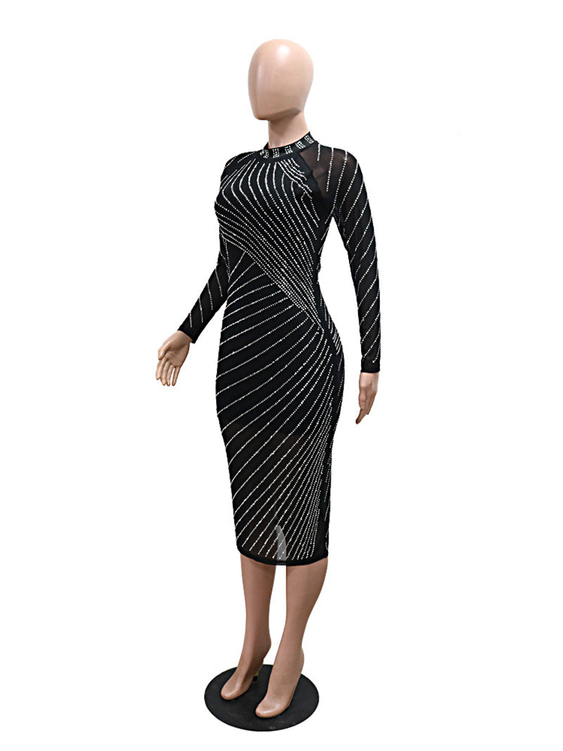 Striped Rhinestone Split Back Bodycon Dress