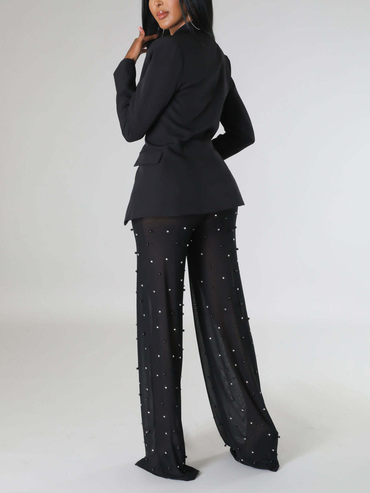 Fashion Blazer And Sheer pearled Pant Set