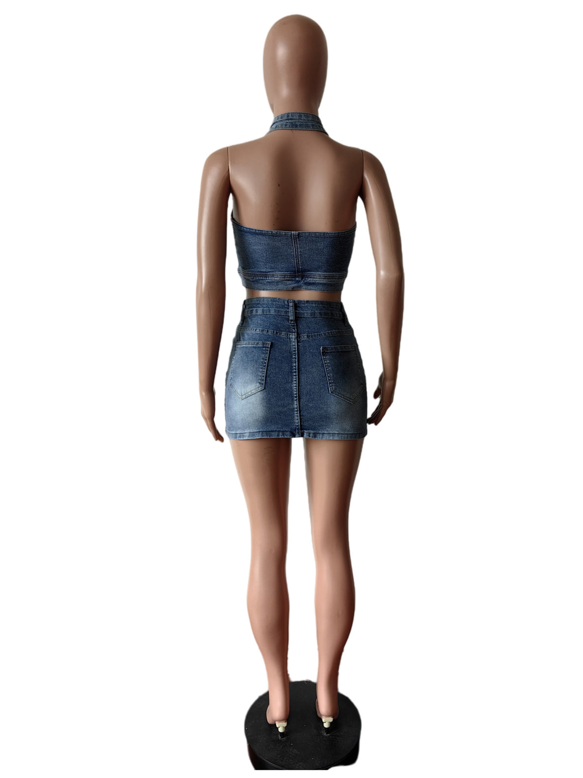 Stretch Embroidered Denim Vest and Mini Skirt Sets