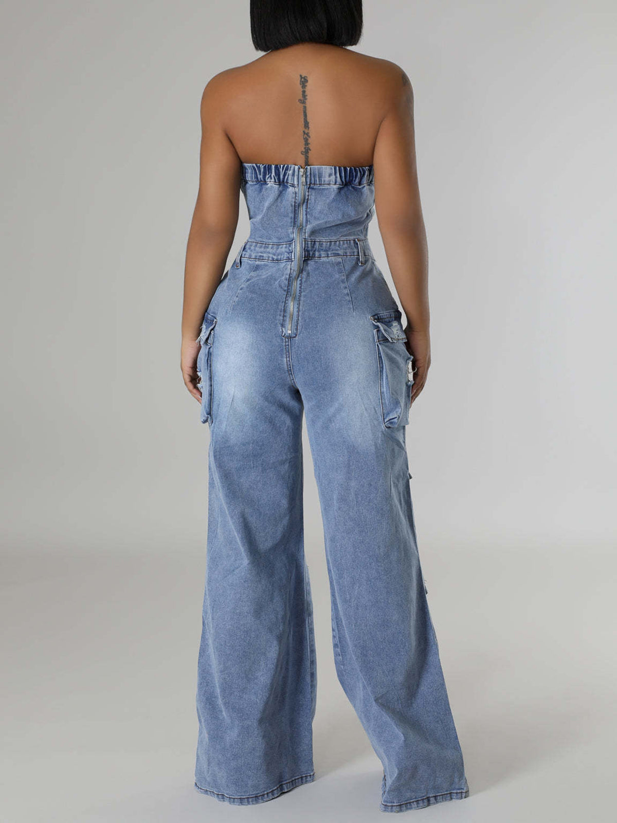 Fashion Strapless Cargo Denim Jumpsuit