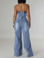 Fashion Strapless Cargo Denim Jumpsuit