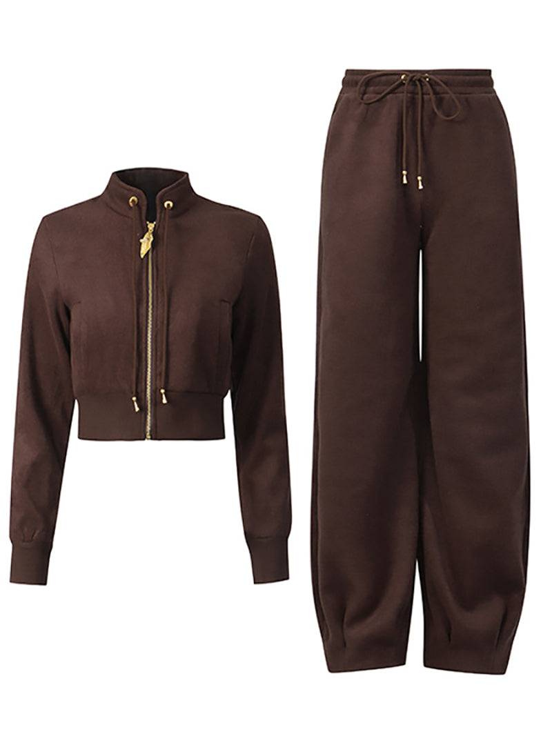 Fashion Stand Collar Zip Up Top Pant Two Piece Set