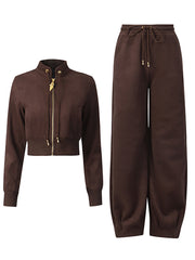 Fashion Stand Collar Zip Up Top Pant Two Piece Set