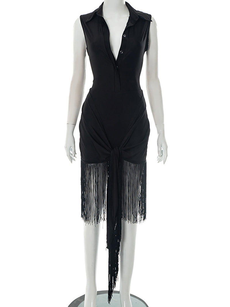 Sexy Lapel Sleeveless Bodysuit Tassels Skirt Set