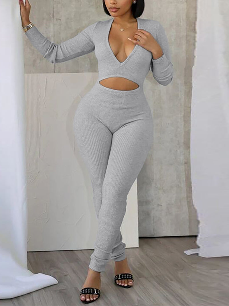 Deep V Hollow Out Sports Tight Jumpsuit