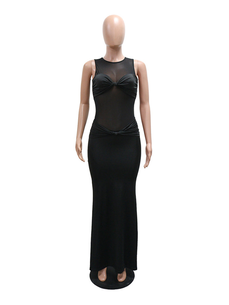 Sexy Sleeveless Sheer Mesh Patchwork Maxi Dress