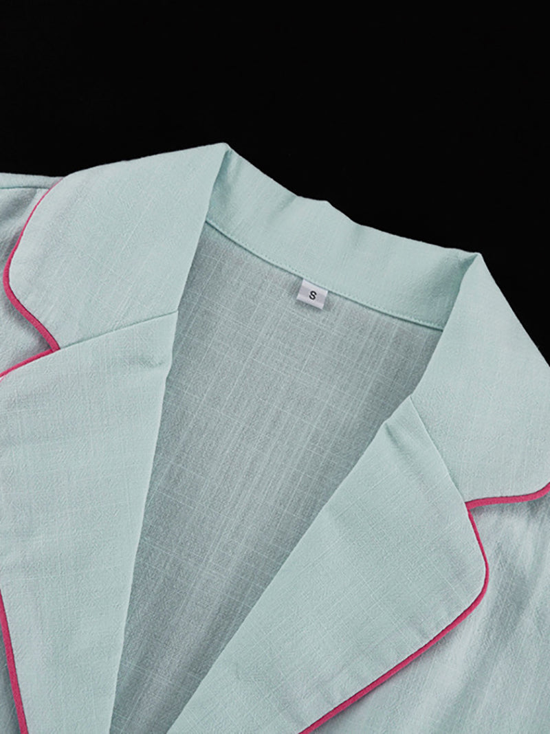 Casual Lapel Nightwear Shorts Cotton Sleepwear Suit