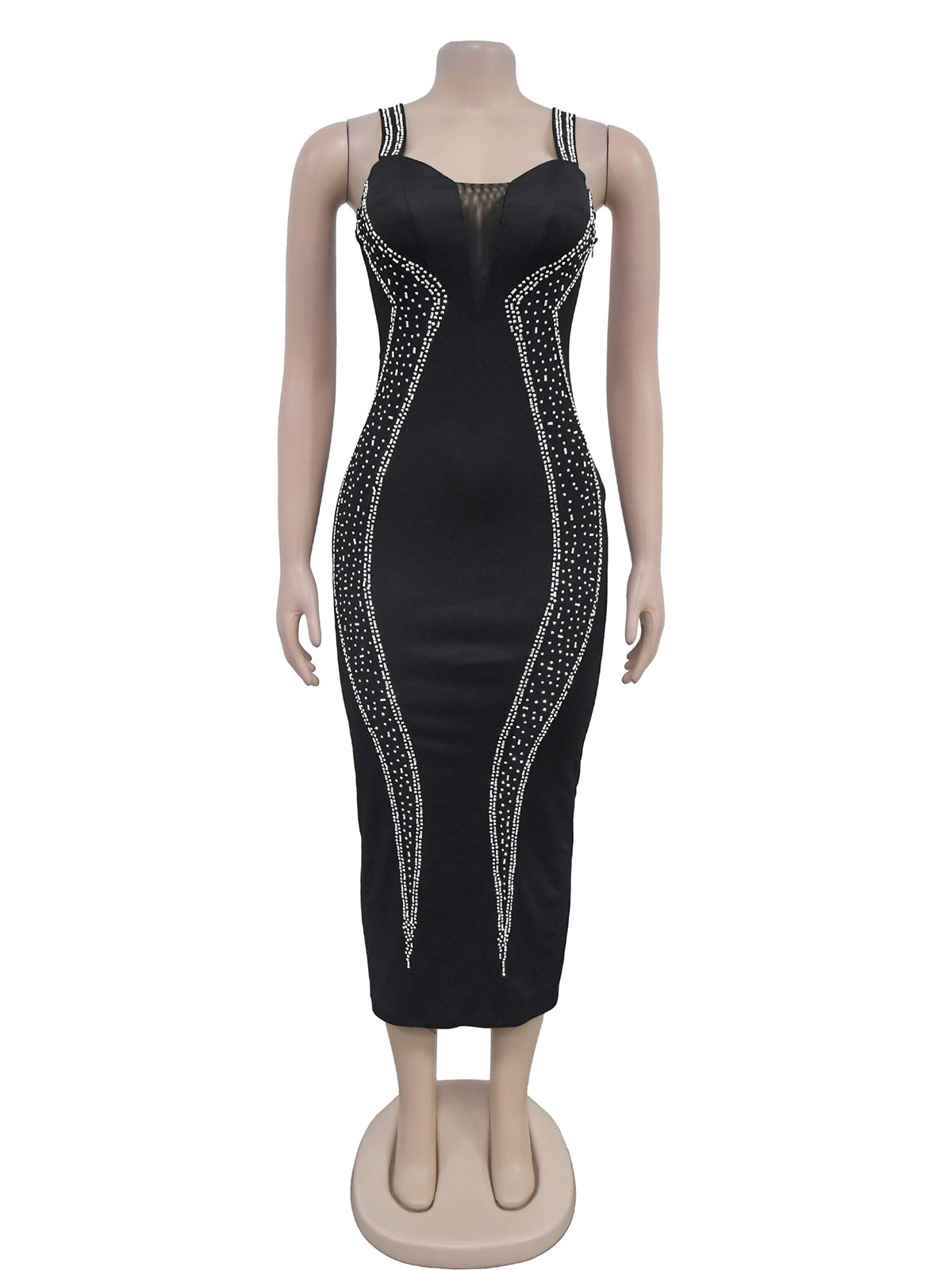 Sexy Rhinestone Mesh Patchwork Slim Midi Dress