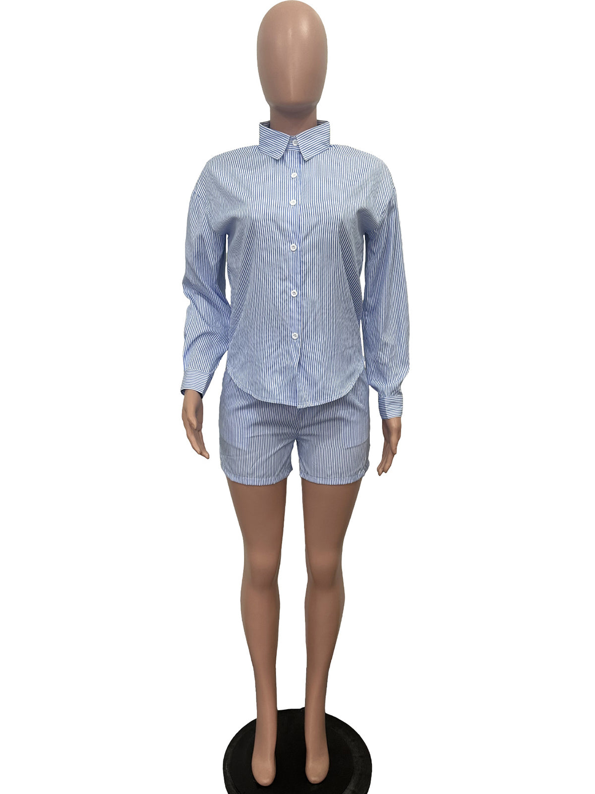 Casual Stripe Button Down Shirt And Shorts Sets