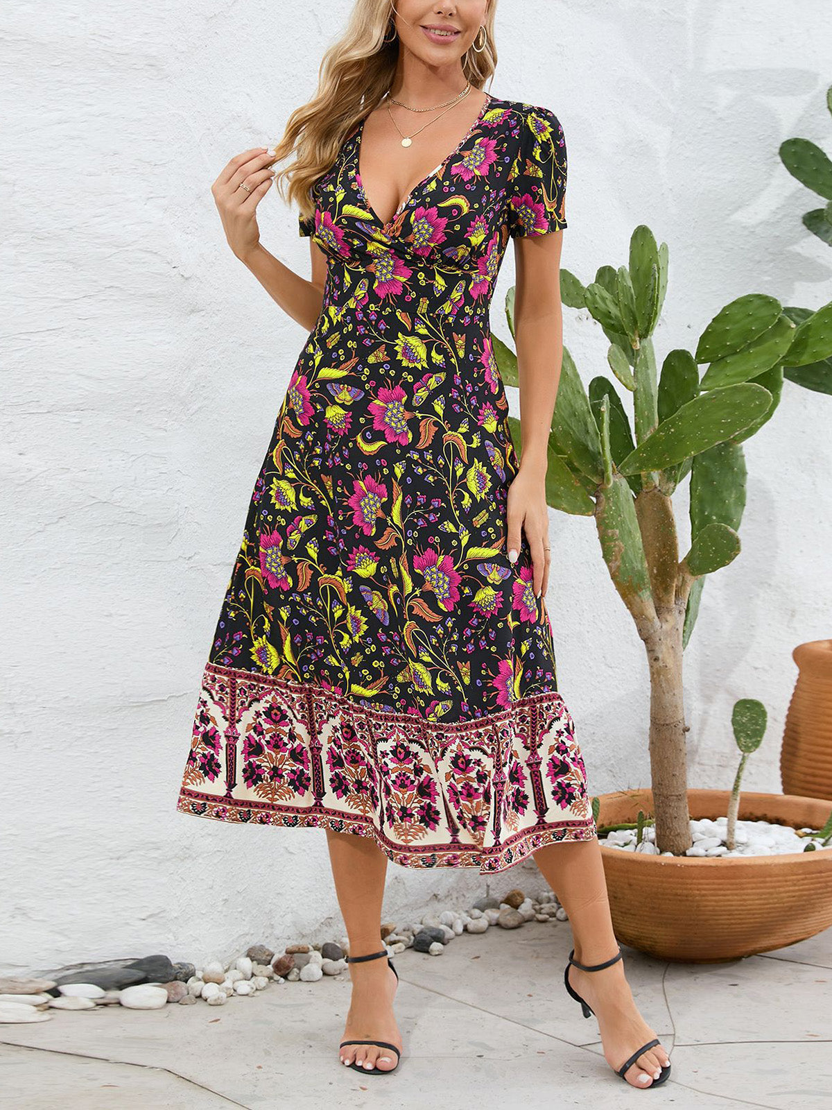 Casual V-neck Print Short Sleeve Slim Midi Dress